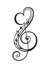 Decorative musical symbol note with heart  background icon
