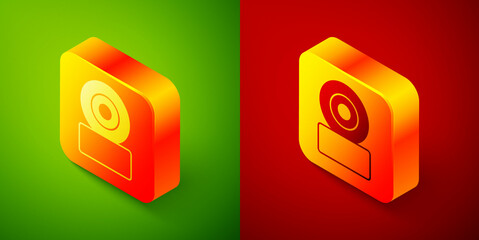Isometric Skateboard wheel icon isolated on green and red background. Skate wheel. Square button. Vector