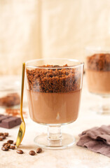 Delicious dessert chocolate mousse with brownie in glass jars on a light slate, stone or concrete background. Selective focus