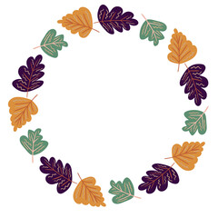 Autumn elements in warm colors with a wreath. Vector design for autumn card, poster, logo, print, etc. 