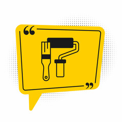 Black Paint roller brush icon isolated on white background. Yellow speech bubble symbol. Vector