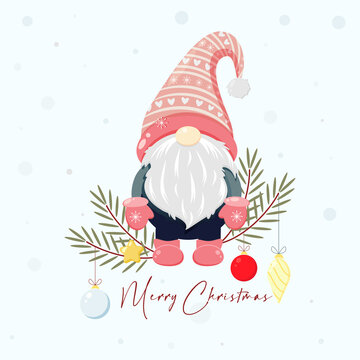 Christmas greeting card with Scandinavian gnome on beautiful snowy background. Illustrations of Nordic folklore creature Nisse, Tomte with Christmas tree branches and decorations. Gnome in red hat.