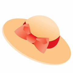 female hat in straw color with red bow and wide brim, isolated object on white background, vector illustration,