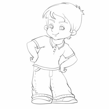 sketch, cute boy leaned on his side and put his hands on his belt, coloring, isolated object on white background, vector illustration,