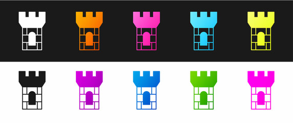 Set Castle tower icon isolated on black and white background. Fortress sign. Vector