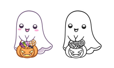 Cute happy ghost holding a pumpkin bucket filled with candy colored and outline doodle cartoon illustration set. Halloween, trick or treat coloring book page activity for kids and adults.	