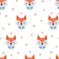 Cute fox with forest plants seamless pattern. - 459915965