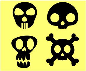 Skulls Black Objects Signs Symbols Vector Illustration Abstract With Yellow Background