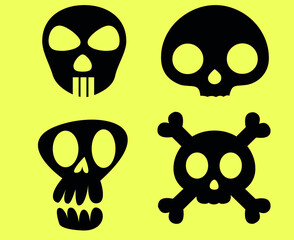 Skulls Black Objects Signs Symbols Vector Illustration Abstract With Yellow Background