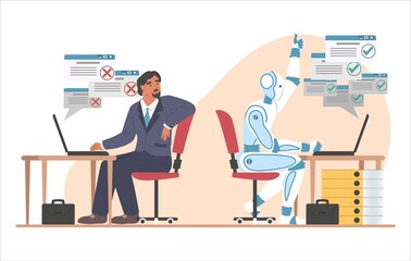 Robot machine working a lot faster than businessman, flat vector illustration. Robots superiority. Automation.