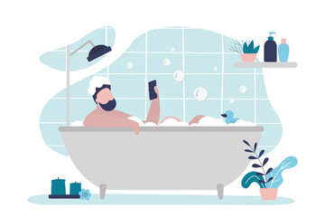 Guy lies in relaxing bath with smartphone. Male character takes bubble bath. Man surfing Internet during spa procedure