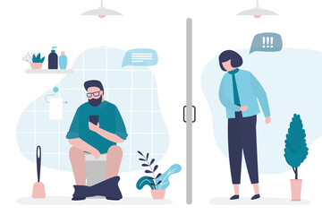 Man pissing and pooping with smartphone. Girl waits for person to come out of restroom. Guy chatting with friends or surfing Internet on toilet