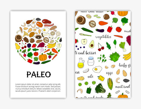 Card templates with paleo diet foods.