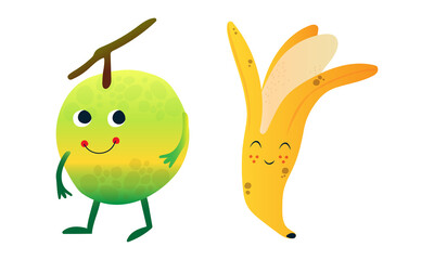 Cute Humanized Fruit with Smiling Face Vector Set