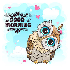 Little owl. Clipart  for nursery poster, t-shirt print, kids apparel, greeting card, label, or sticker. Vector illustration.