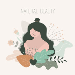 Girl without makeup in leafs and flowers. Portrait of naked woman. Concept of body positive, femininity and natural beauty. Love your body. Self-care, wellness. Lady close up.