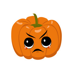 Cute pumpkin character with angry emotions, grumpy face, furious eyes. Festive decoration for Halloween. Mischievous vegetable hero