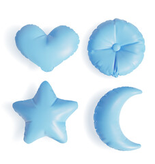 Realistic Detailed 3d Blue Pillows of Different Shape Include of Star and Heart. Vector illustration of Cushion