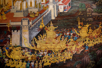 Fragment of a fresco with scene from the Ramakien at Wat Phra Kaew or Emerald Buddha Temple a tourist landmark in Bangkok, Thailand.
