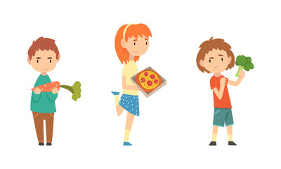 Little Girl with Pizza and Boy Rejecting Eating Vegetable Vector Set.