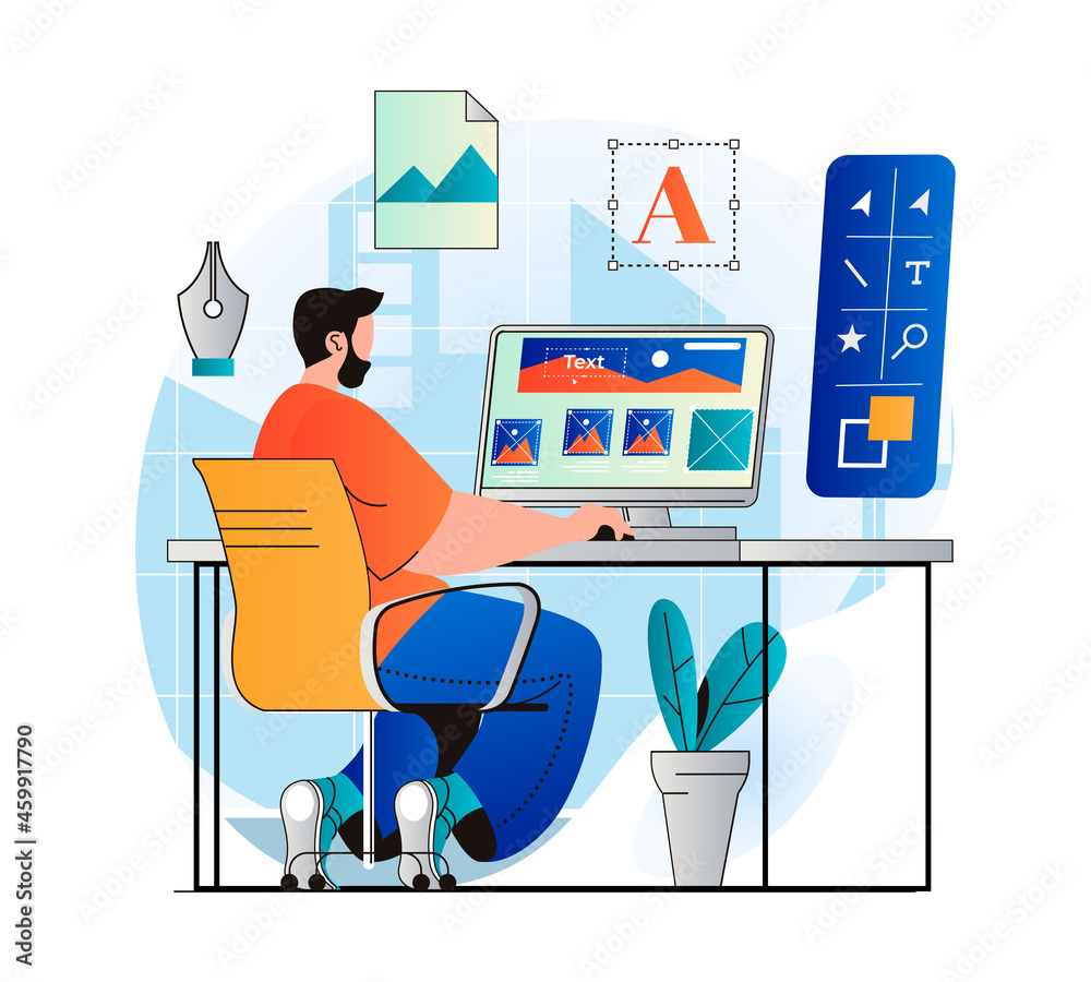 Fototapete Design studio concept in modern flat design. Man designer creates content for site, drawing graphic elements, works at computer. Illustrator working on creative studio project. Vector illustration
