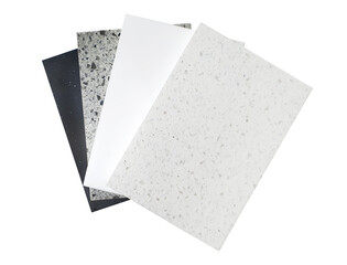 samples of acrylic artificial stone or quartz stone for countertops. model of stones, close-up. modern swatch of white, grey, black colored stone isolated on white background with clipping path.