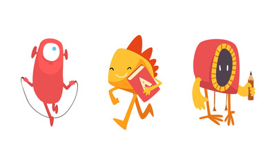 Funny Monster Character Jumping Rope and Running with Book Vector Set
