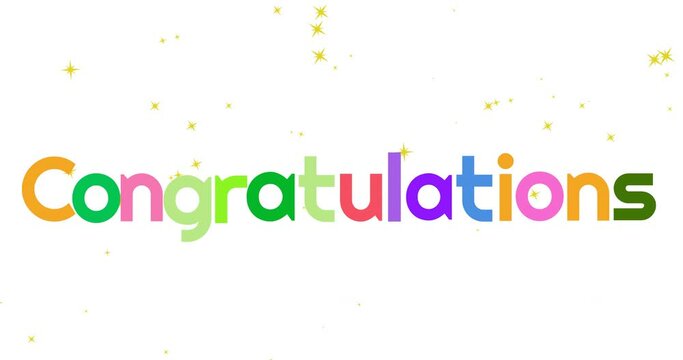 Animation of congratulations text and stars falling on white background