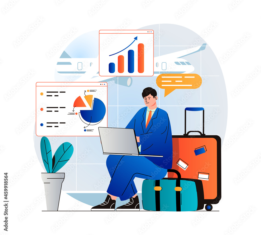 Poster freelance working concept in modern flat design. businessman working on laptop while sitting in wait