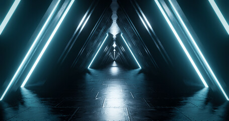 3d rendering metal corridor with light blue neon light background.