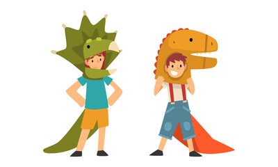 Cute Kid Wearing Dinosaur Costume as Carnival Outfit Vector Set