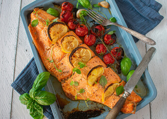 Fish dish with roasted salmon and vegetable