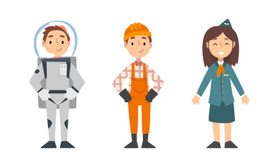 Cute Girl and Boy Having Different Profession Wearing Uniform Vector Set