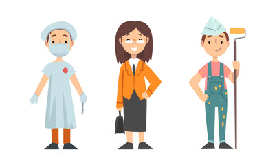 Obraz premium Cute Girl and Boy Having Different Profession Wearing Uniform Vector Set