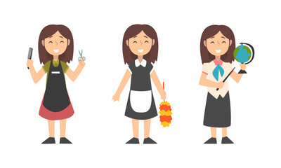 Cute Girl Having Different Profession Wearing Uniform Vector Set