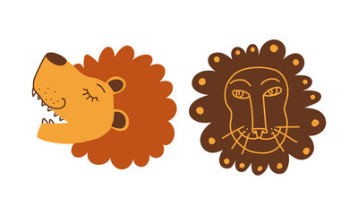 Funny Lion Snout as African Animal with Mane Doodle Vector Set