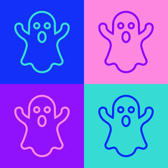 Pop art line Ghost icon isolated on color background. Happy Halloween party. Vector