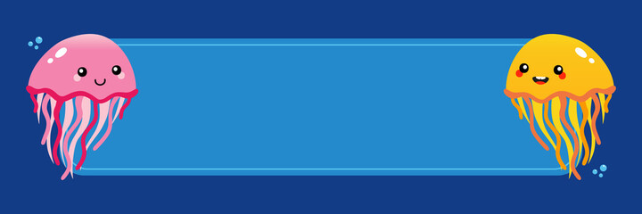 Couple of cute colorful cartoon style jellyfish characters with blank card, banner for sea life design. © cosmic_pony