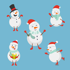 Set of Cute Snowman winter character design. Happy and Funny cartoon for Christmas vector illustration