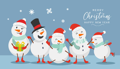 Merry christmas and happy new year greeting card with cute Snowman funny and happy character design in flat style. Vector illustration