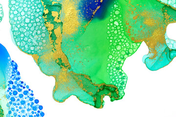 Abstract watercolor ink green and blue texture with gold glitter scattering