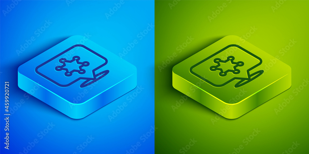 Poster isometric line hexagram sheriff icon isolated on blue and green background. police badge icon. squar