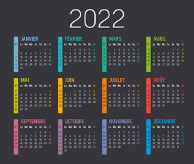 Calendrier Agenda 2022 couleur, avec numéros de semaine