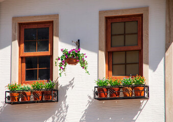 Fototapeta na wymiar house with flowers, Window decorated with potted flowers on the white wall of the house