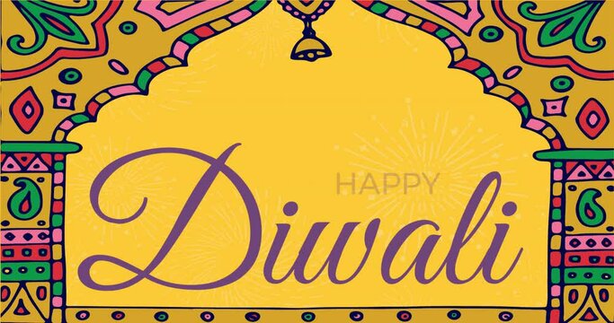 Animation of happy diwali text and colourful shapes on orange background