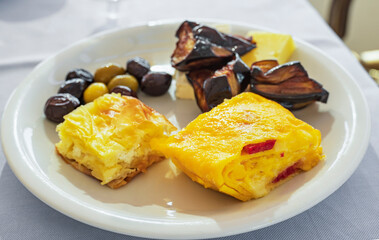breakfast, omelet roll with eggplant and olives