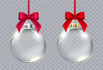 Collection of vector realistic transparent Christmas balls with red bows on a light abstract background. Christmas decoration.  - 459921147
