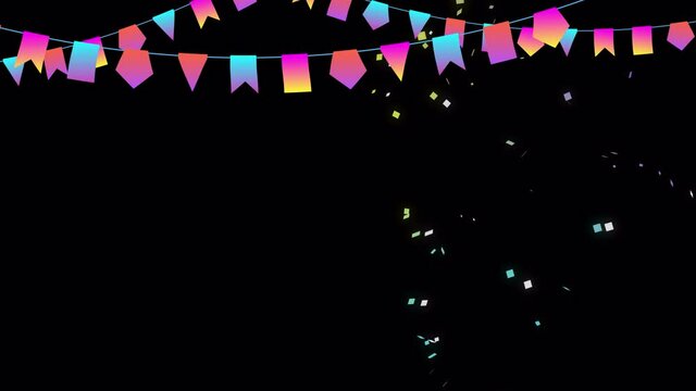 colorful confetti and flags animation with alpha channel and luma matte. party or birthday celebration. winning congratulations template with transparent background. Carnival, Festive Holiday