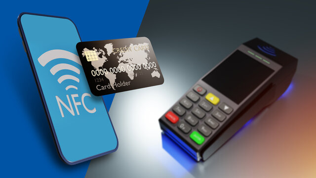NFC payment. NFC phone near POS terminal. NFC as symbol of contactless payments. Bank terminal top view. Cashless payments in POS terminal. Near field communication. Dark-blue background. 3d image