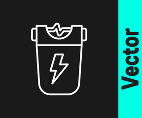 White line Police electric shocker icon isolated on black background. Shocker for protection. Taser is an electric weapon. Vector